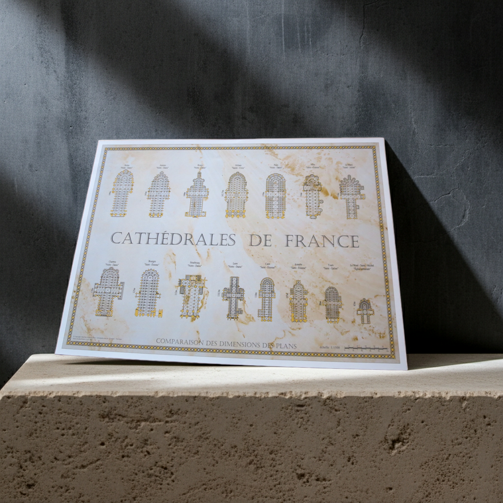 Französische Kathedralen im Vergleich, Poster mit Grundrissen französischer Sakralbauten, dekoratives Gold-Design auf Pergament-Optik, Maßstab 1:1000