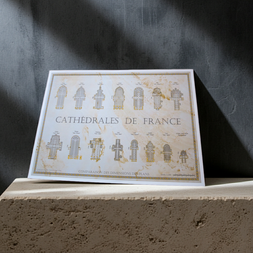 Französische Kathedralen im Vergleich, Poster mit Grundrissen französischer Sakralbauten, dekoratives Gold-Design auf Pergament-Optik, Maßstab 1:1000