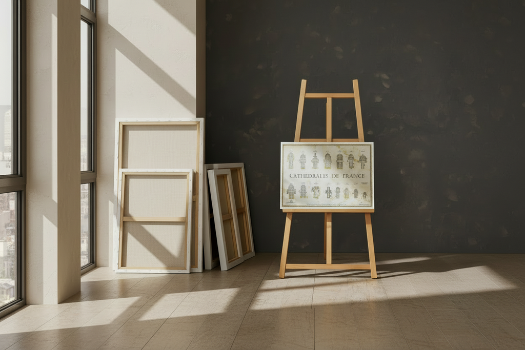 Französische Kathedralen im Vergleich, Poster mit Grundrissen französischer Sakralbauten, dekoratives Gold-Design auf Pergament-Optik, Maßstab 1:1000