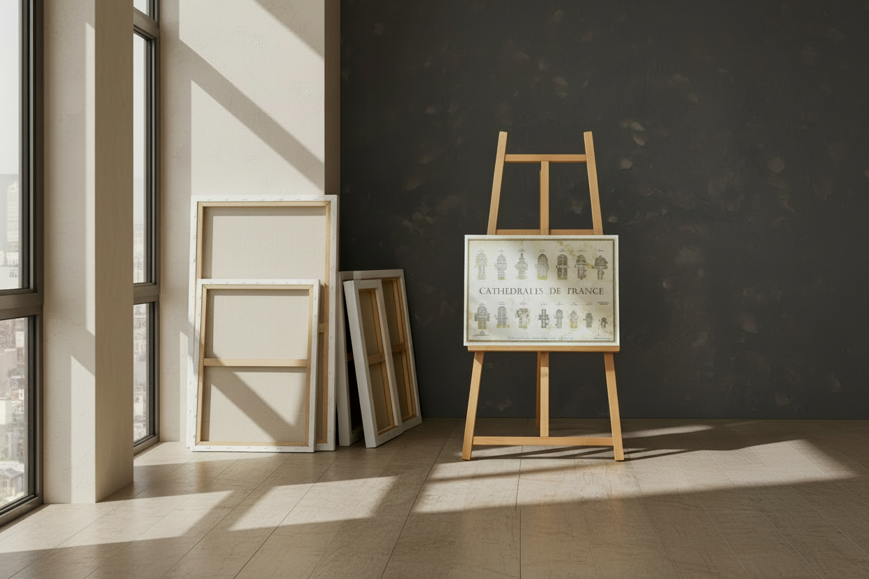 Französische Kathedralen im Vergleich, Poster mit Grundrissen französischer Sakralbauten, dekoratives Gold-Design auf Pergament-Optik, Maßstab 1:1000