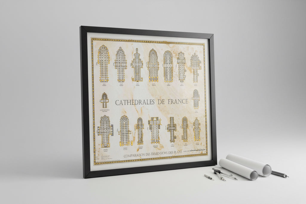 Französische Kathedralen im Vergleich, Poster mit Grundrissen französischer Sakralbauten, dekoratives Gold-Design auf Pergament-Optik, Maßstab 1:1000