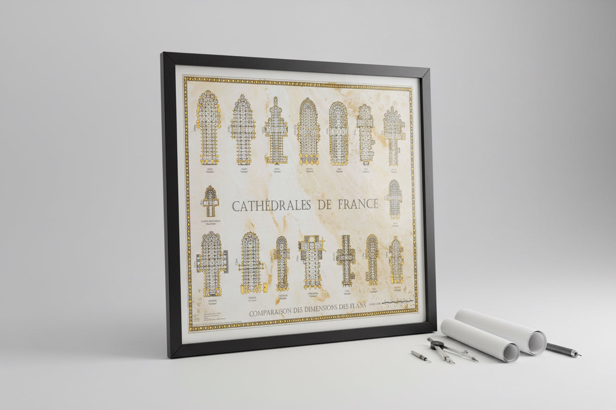 Französische Kathedralen im Vergleich, Poster mit Grundrissen französischer Sakralbauten, dekoratives Gold-Design auf Pergament-Optik, Maßstab 1:1000