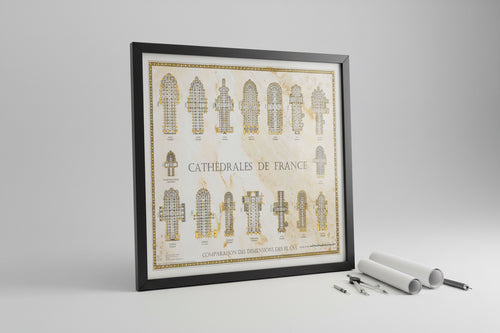 Französische Kathedralen im Vergleich, Poster mit Grundrissen französischer Sakralbauten, dekoratives Gold-Design auf Pergament-Optik, Maßstab 1:1000