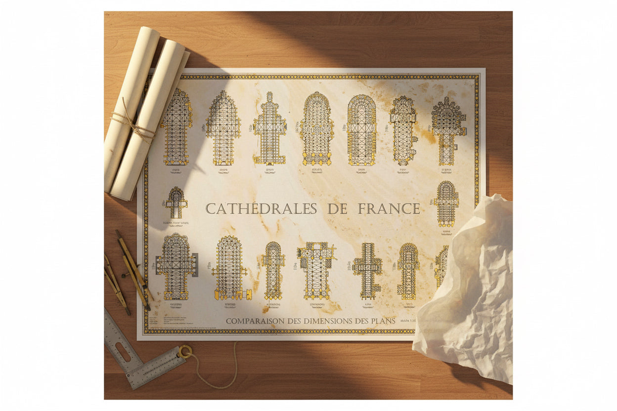 Französische Kathedralen im Vergleich, Poster mit Grundrissen französischer Sakralbauten, dekoratives Gold-Design auf Pergament-Optik, Maßstab 1:1000