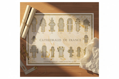 Französische Kathedralen im Vergleich, Poster mit Grundrissen französischer Sakralbauten, dekoratives Gold-Design auf Pergament-Optik, Maßstab 1:1000