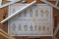 Französische Kathedralen im Vergleich, Poster mit Grundrissen französischer Sakralbauten, dekoratives Gold-Design auf Pergament-Optik, Maßstab 1:1000