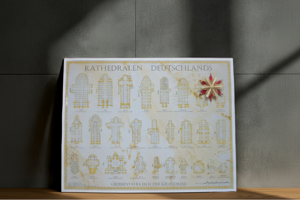 Architektur-Poster Kathedralen Deutschlands, dekorative Übersicht deutscher Kirchen-Grundrisse im Größenvergleich, edle Gold-Optik auf marmoriertem Hintergrund. Maßstab 1:1000