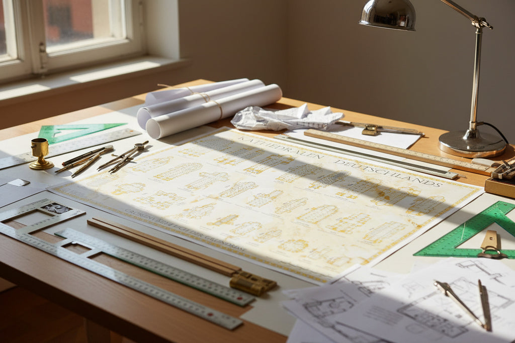 Architektur-Poster Kathedralen Deutschlands, dekorative Übersicht deutscher Kirchen-Grundrisse im Größenvergleich, edle Gold-Optik auf marmoriertem Hintergrund. Maßstab 1:1000