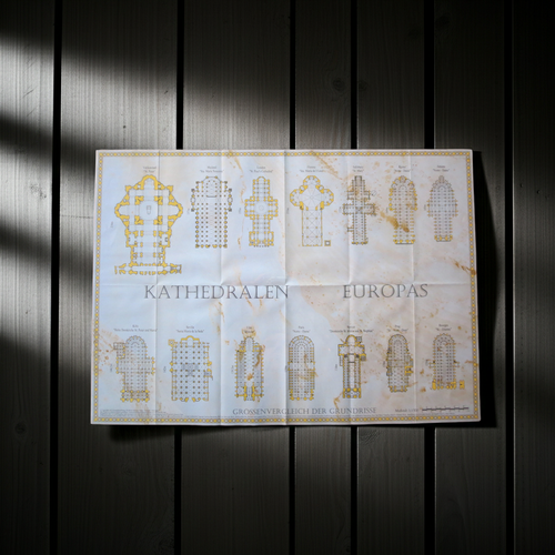 Exklusives Architektur-Poster Kathedralen Europas, direkter Größenvergleich der Grundrisse im Maßstab 1:1500, hochwertige Wandkunst für Architekten und Kunstliebhaber.