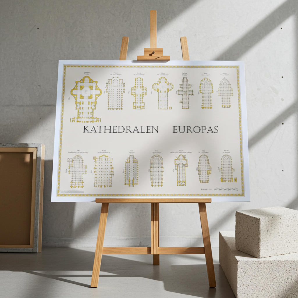 Maßstabsgetreuer Vergleich der Grundrisse bedeutender Kathedralen Europas, Poster-Design mit Gold-Verzierungen und architektonischen Details, Maßstab 1:1000.