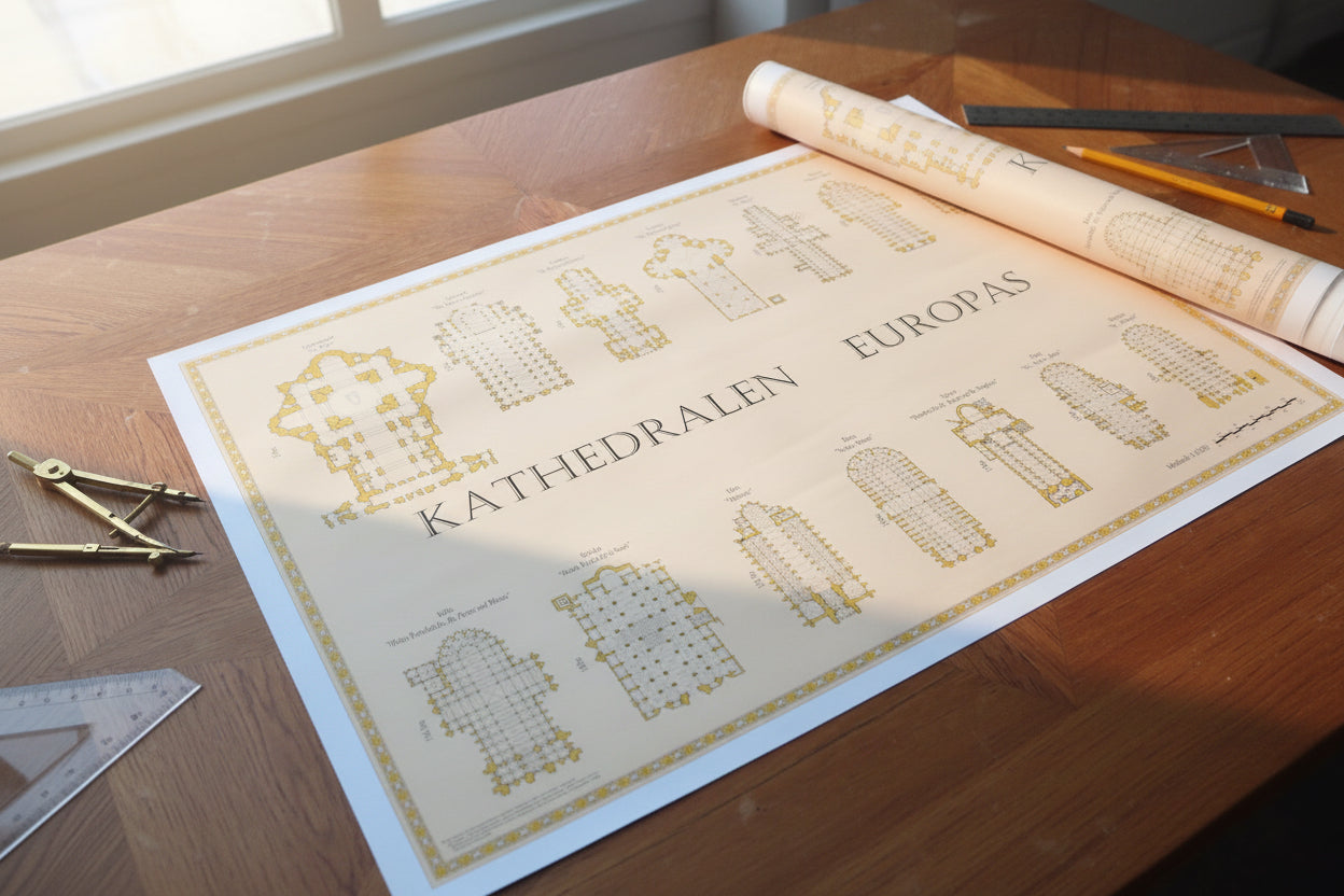 Maßstabsgetreuer Vergleich der Grundrisse bedeutender Kathedralen Europas, Poster-Design mit Gold-Verzierungen und architektonischen Details, Maßstab 1:1000.