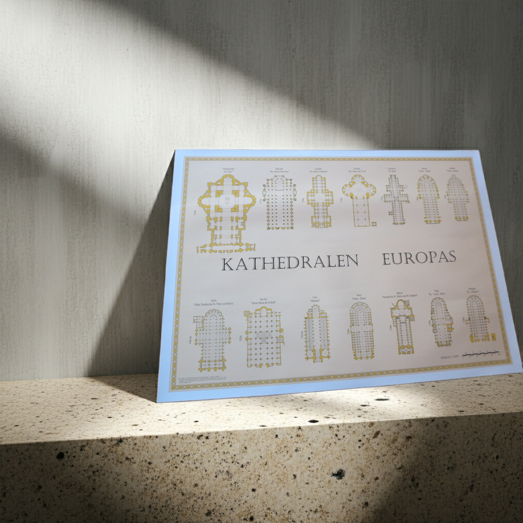 Maßstabsgetreuer Vergleich der Grundrisse bedeutender Kathedralen Europas, Poster-Design mit Gold-Verzierungen und architektonischen Details, Maßstab 1:1000.