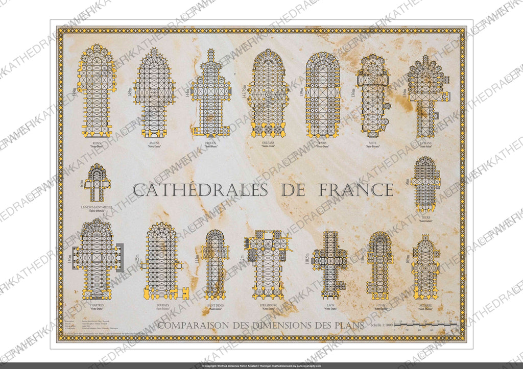 Französische Kathedralen im Vergleich, Poster mit Grundrissen französischer Sakralbauten, dekoratives Gold-Design auf Pergament-Optik, Maßstab 1:1000, Kopiergeschütze Ansicht frontal