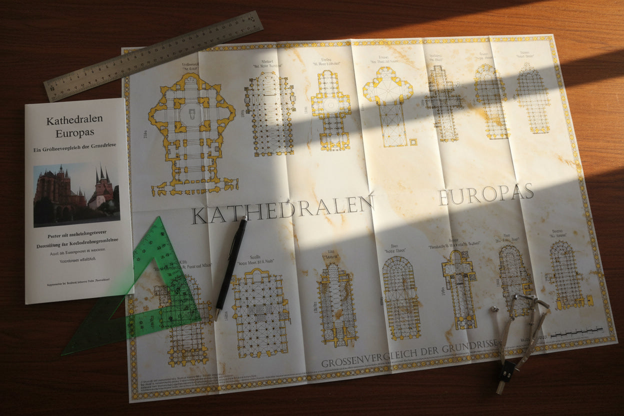 Exklusives Architektur-Poster Kathedralen Europas, direkter Größenvergleich der Grundrisse im Maßstab 1:1500, hochwertige Wandkunst für Architekten und Kunstliebhaber.
